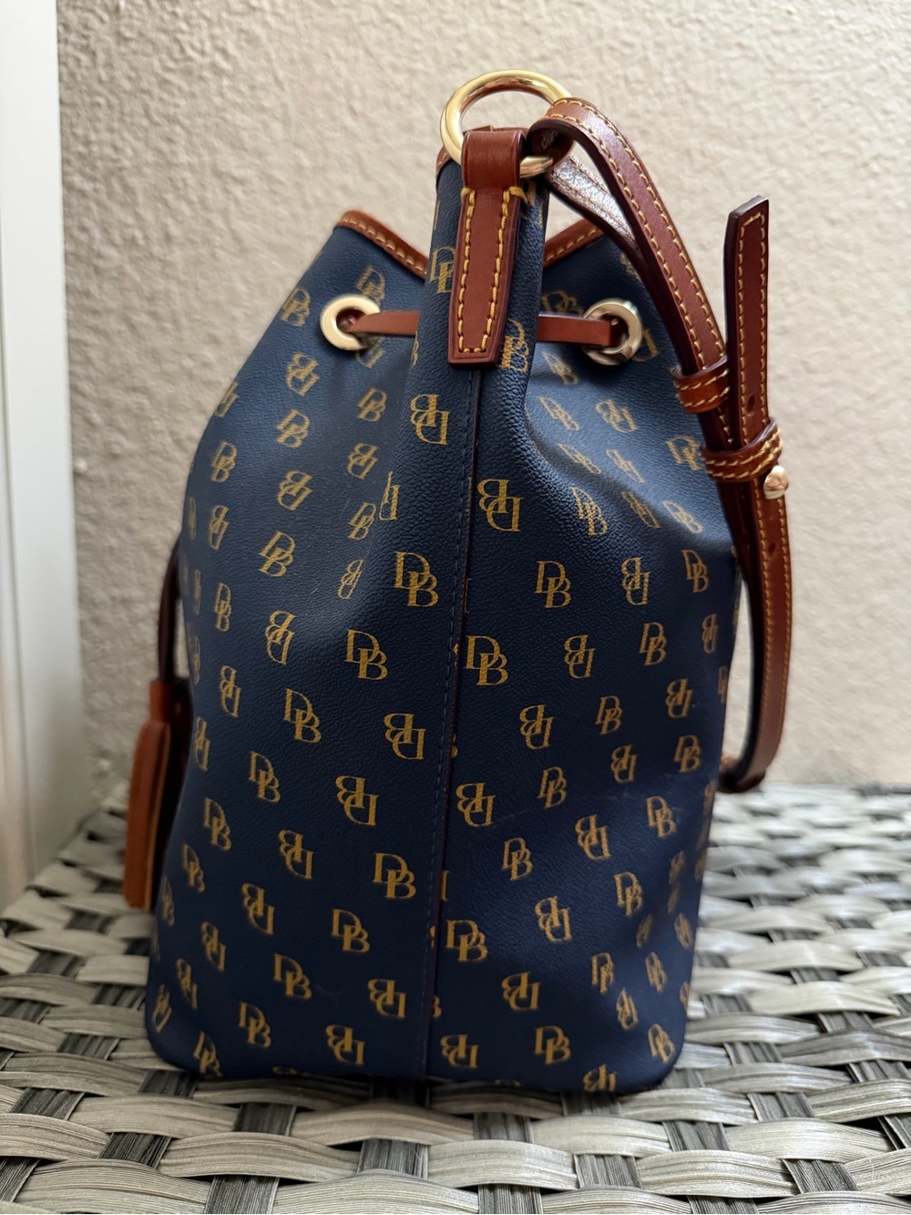 Dooney & Bourke Gretta Navy and Brown Monogram Drawstring Bucket Bag - Picture 3 of 14